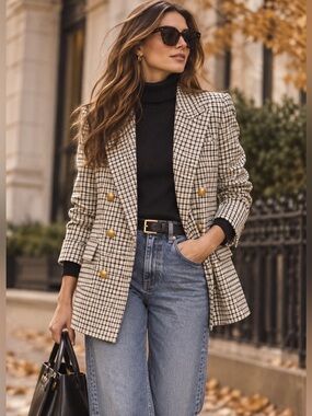 Lioness Black & Cream Checked Double-Breasted Blazer with Gold Buttons